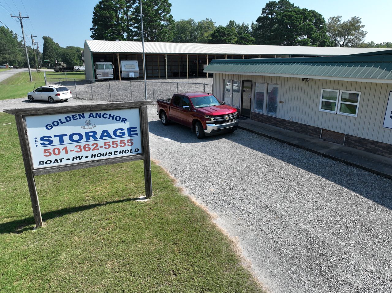 Golden Anchor Storage roadside sign, office, and gated facility access